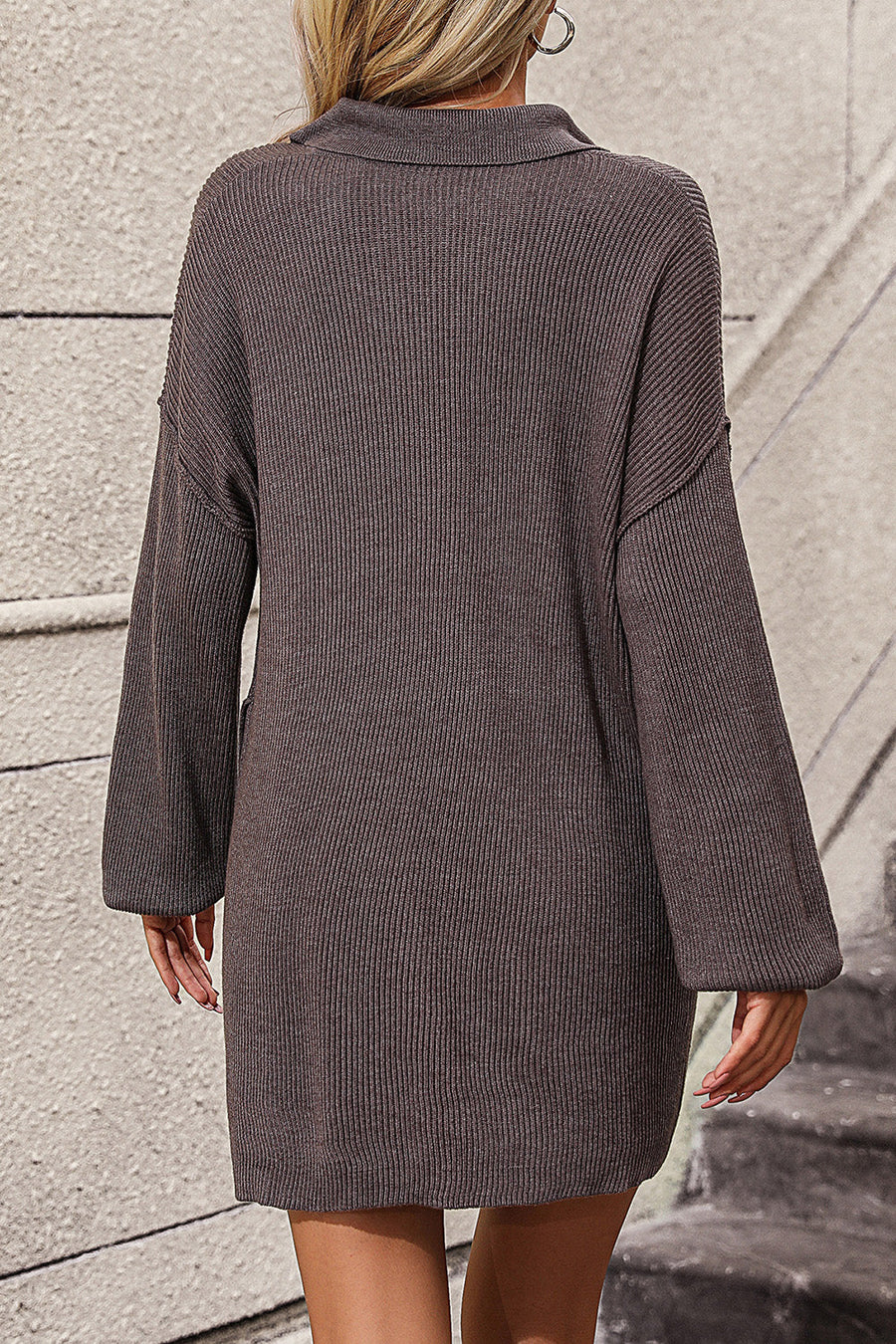 Ribbed knit polo dress in chocolate with long sleeves and pockets.