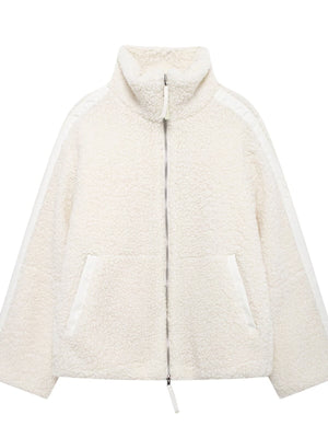 Sherpa Zip-Up Jacket in Off White-Ribbed