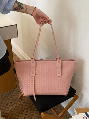 tote featuring woven texture in blush pink with PU Leather Imported Size & texture