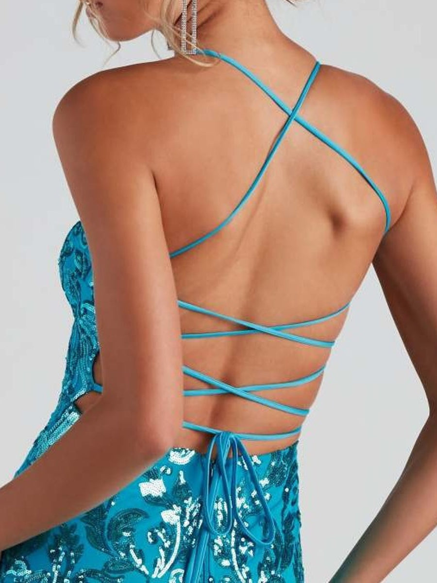 Sky Blue bodycon dress with floor-length and back-zip