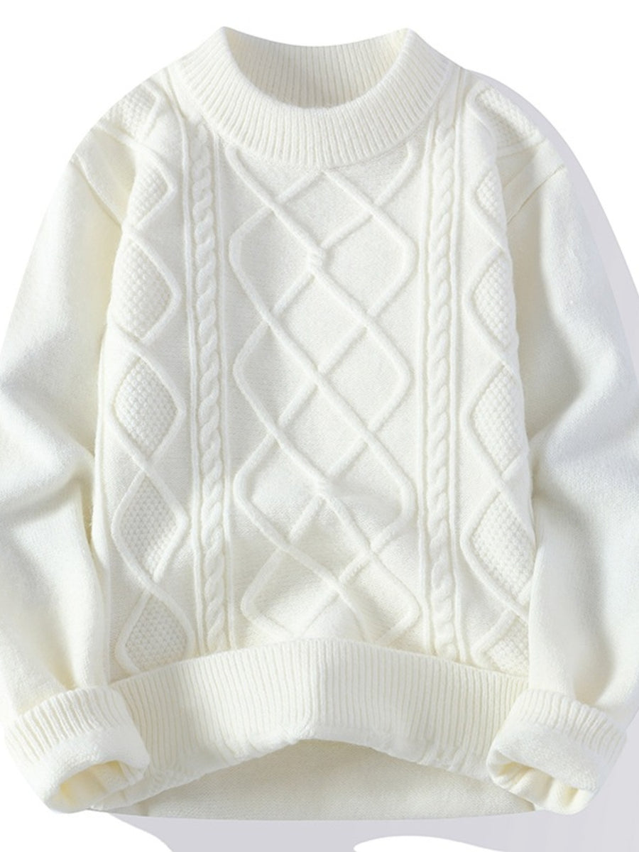 ivory pullover sweater with cable knit and crew neck