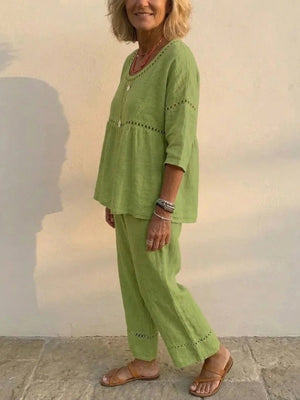 Black Pants Set with hollow-out detailing and 3/4 sleeve
