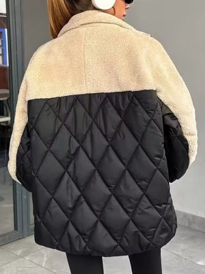 black puffer jacket with hip-length and zip-front