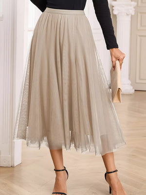 Lace overlay flared midi skirt in beige with a sheer hem.