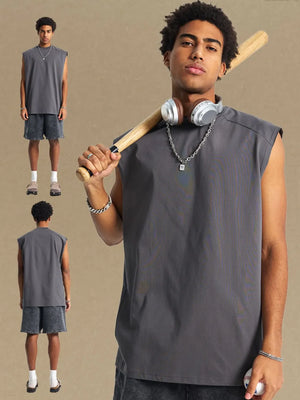 Boxy shoulder cut tank top in dark gray with a relaxed fit.