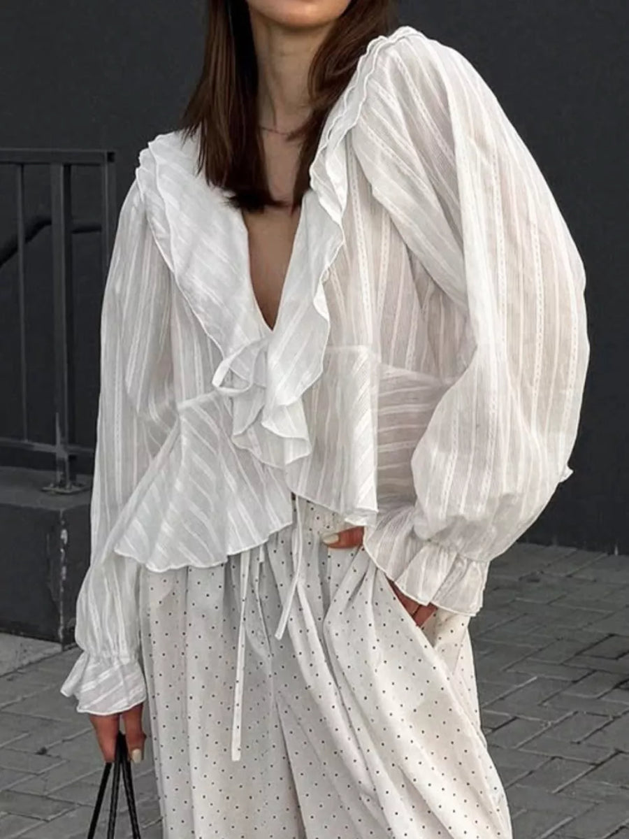 blouse in White with striped and frill