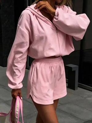 Blue with Long Sleeve Zip-up Hoodie And Shorts Set