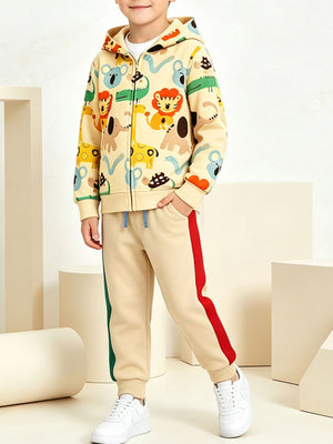 light yellow tracksuit with cartoon animal print and hooded