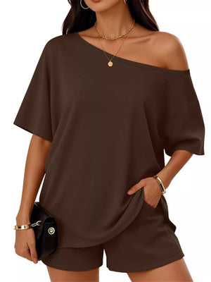One-shoulder Short Sleeve Top And Shorts Set in Brown with one-shoulder