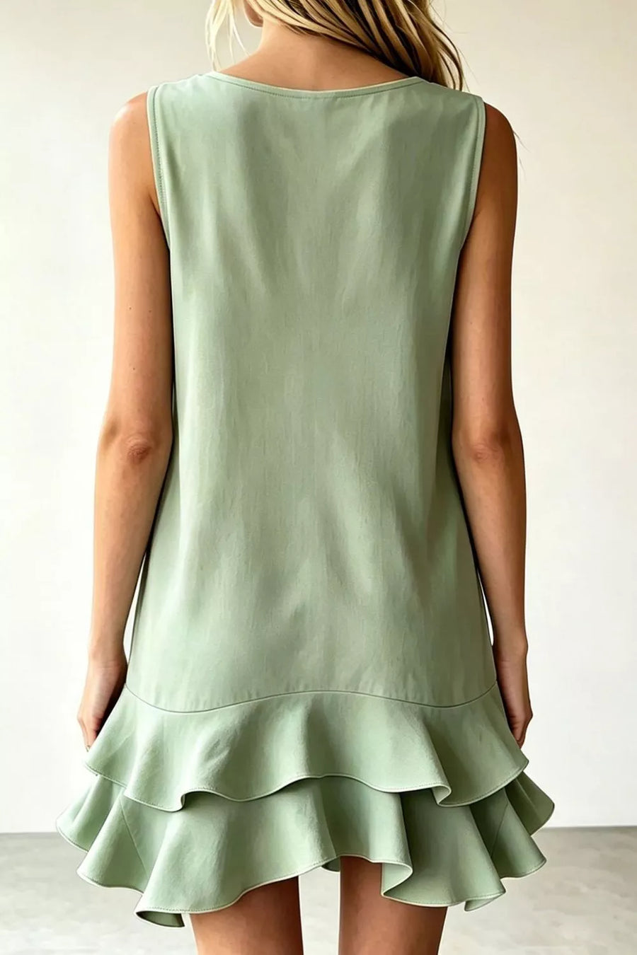 Sage green sleeveless mini dress with tiered ruffle hem detail