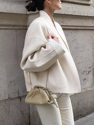 Elegant Stand Collar Open Front Outerwear in White
