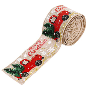 Beige ribbon with red trucks, Christmas trees, snowflakes, and Merry Christmas text.