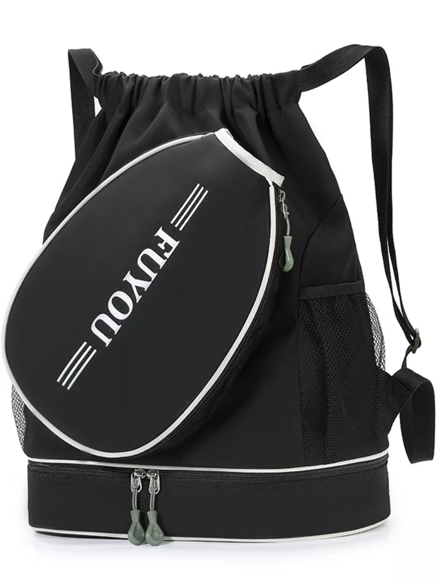 Black drawstring backpack with racket compartment and mesh pockets.
