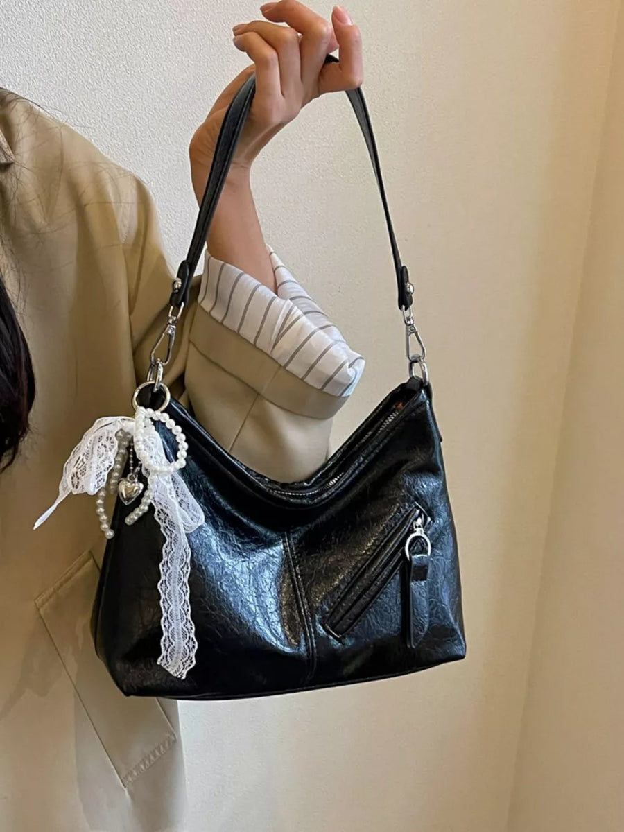 PU Leather Imported Size & handbag in Black with slouchy silhouette