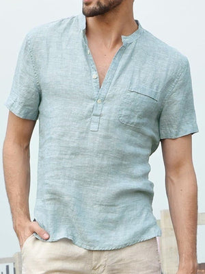 Men's mint blue casual short sleeve shirt with button detail and chest pocket