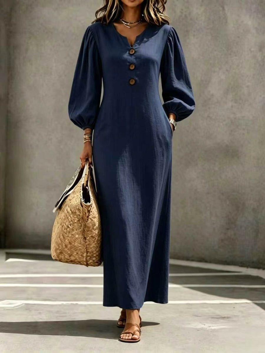 mustard yellow maxi dress with pocketed and balloon sleeve