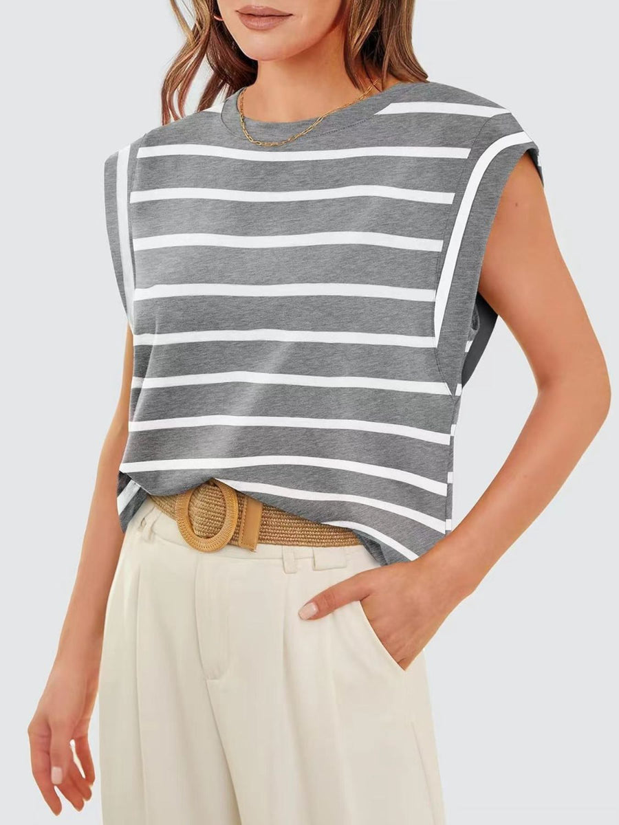 Gray and white striped sleeveless tank top with a round neckline and shoulder detail.