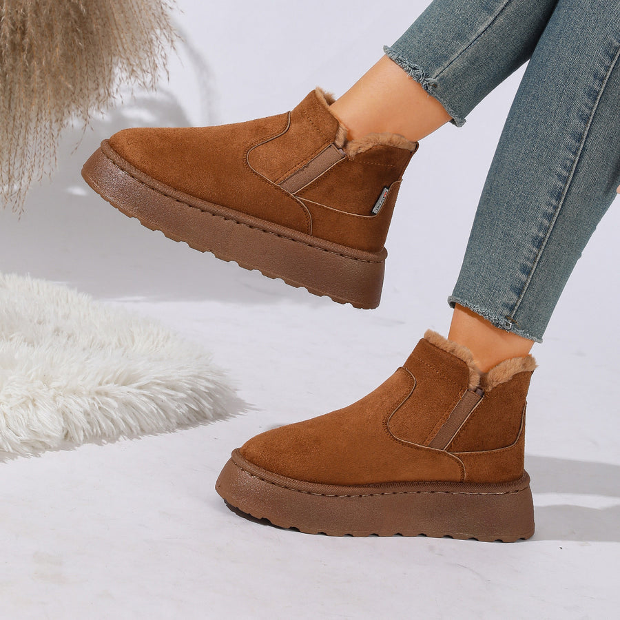 Slip-On Fabric Round Toe Platform Boots in camel with round toe