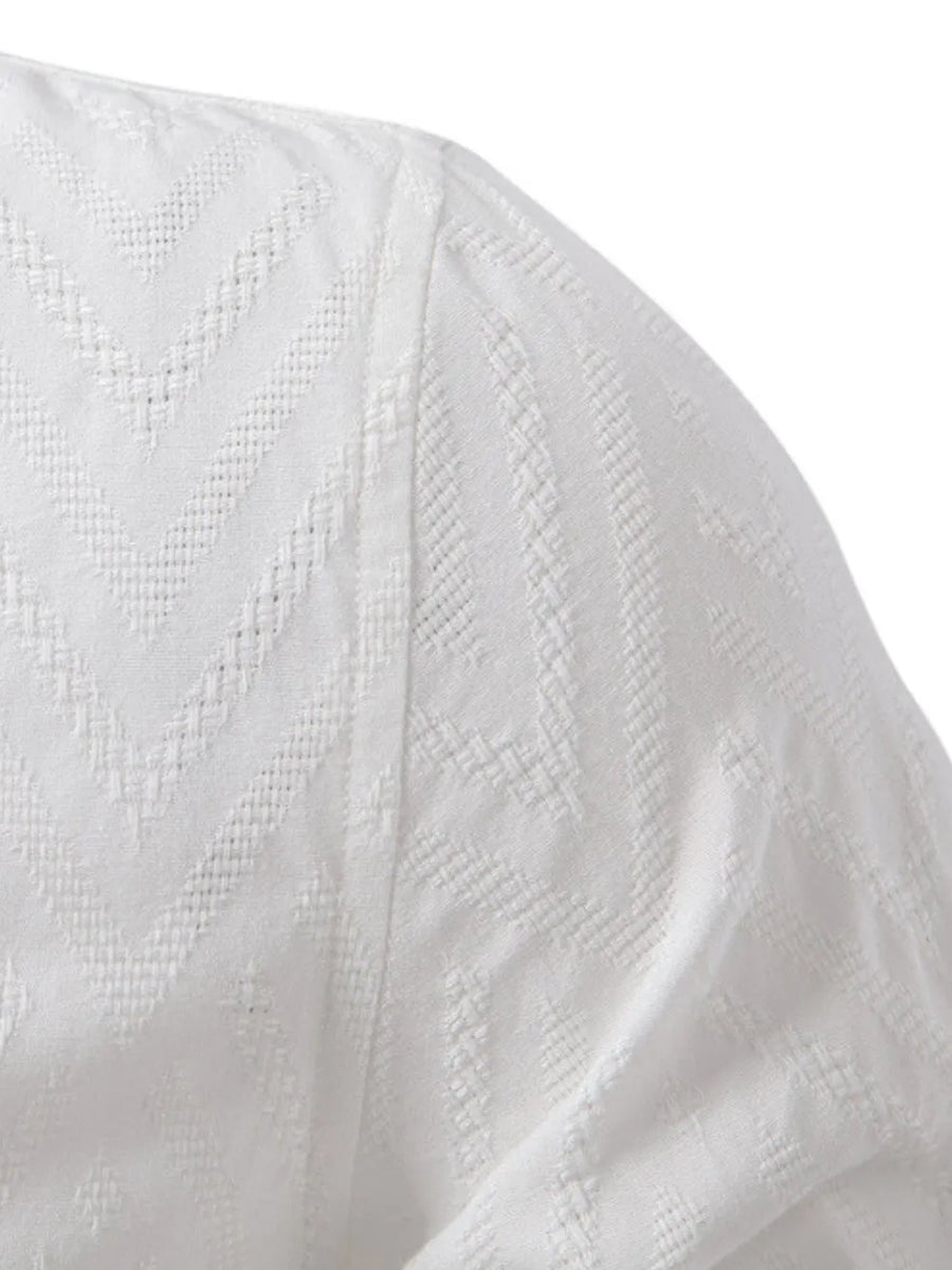 Khaki Mandarin Collar Geo-Embossed Henley