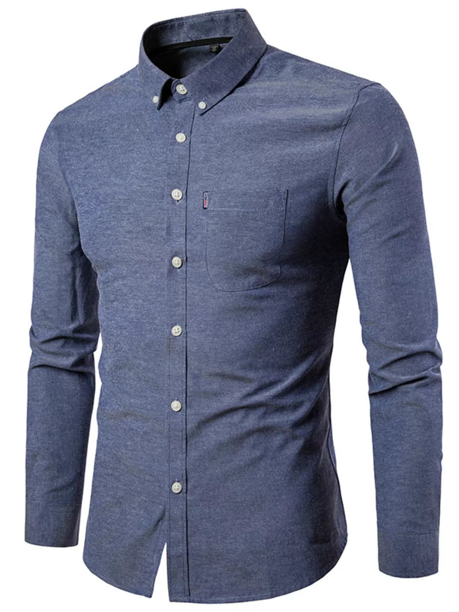 Men's blue button-down shirt with pocket and classic collar.