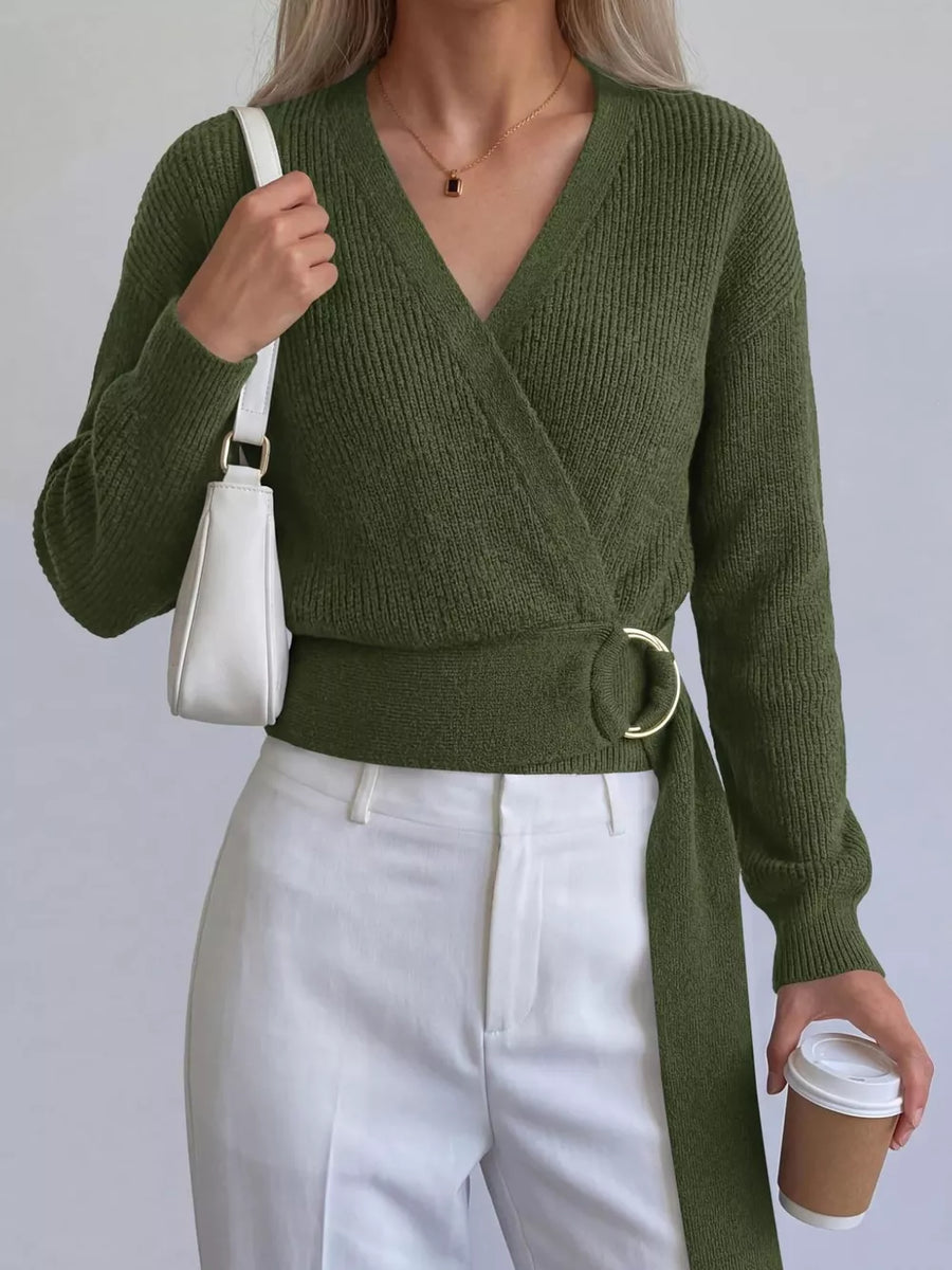 modern wrap sweater in rust with v-neck