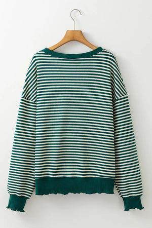 Dark green and white striped sweatshirt with a boat neck and lettuce hem cuffs.