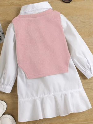 Pink with Children's Long Sleeve Shirt Dress And Knit Vest Set in Pink