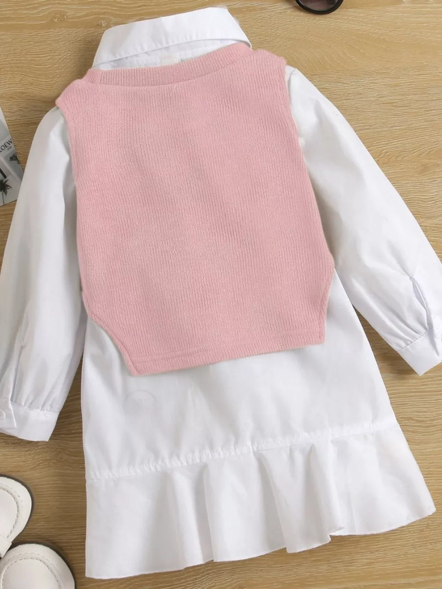 Pink with Children's Long Sleeve Shirt Dress And Knit Vest Set in Pink