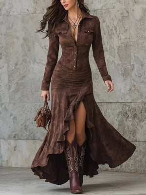 shirt dress in chocolate brown featuring buttoned and A-line fit
