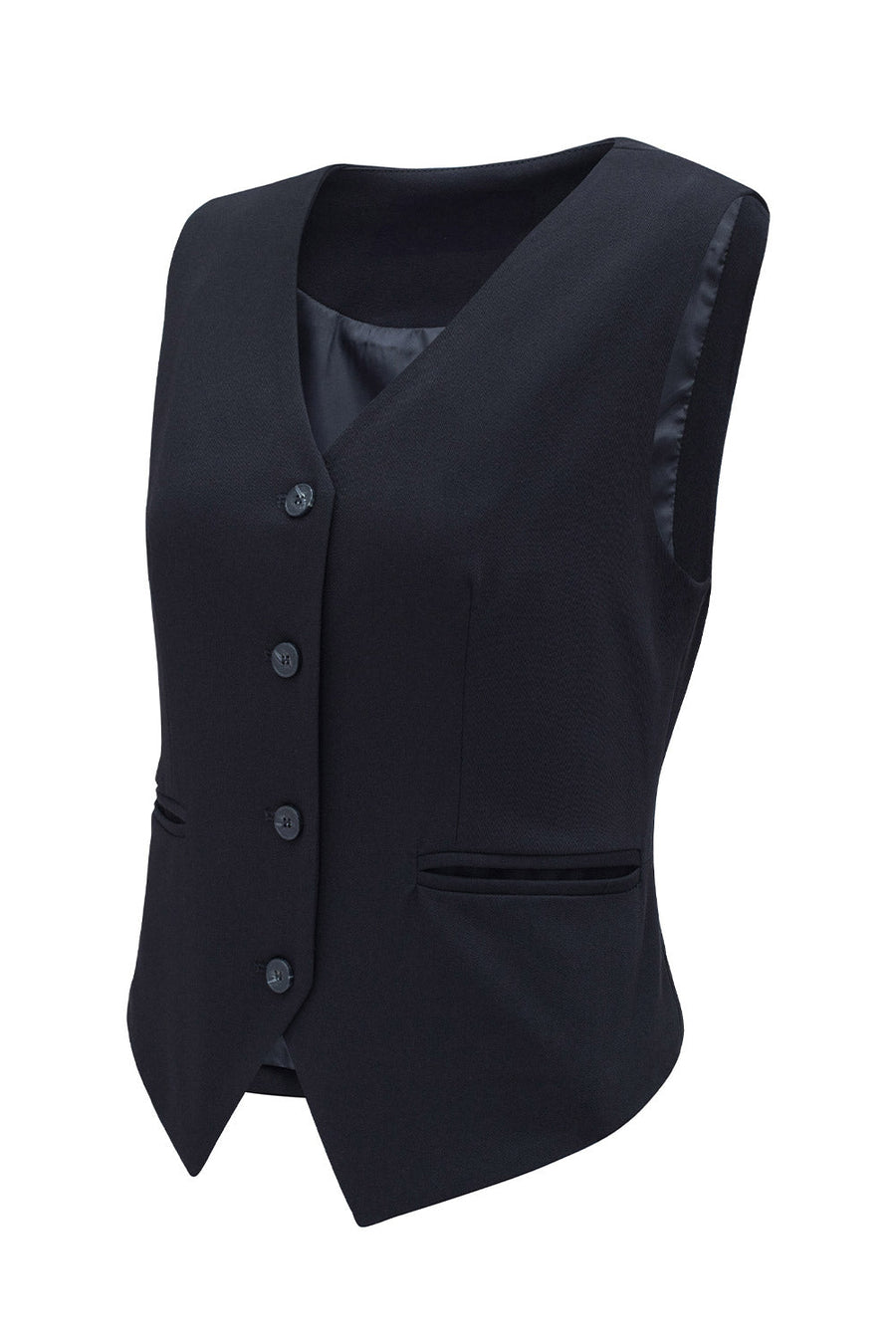 Black tailored V-neck button-down vest with four buttons and a pocket.