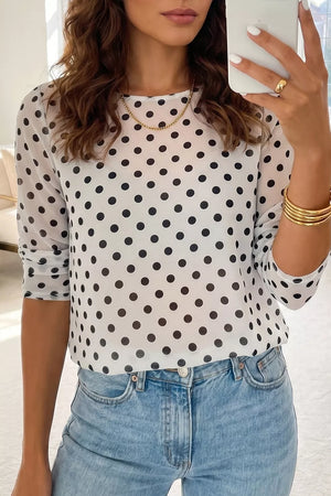 Polka Dot Sheer Mesh Long Sleeve Shift Top in White