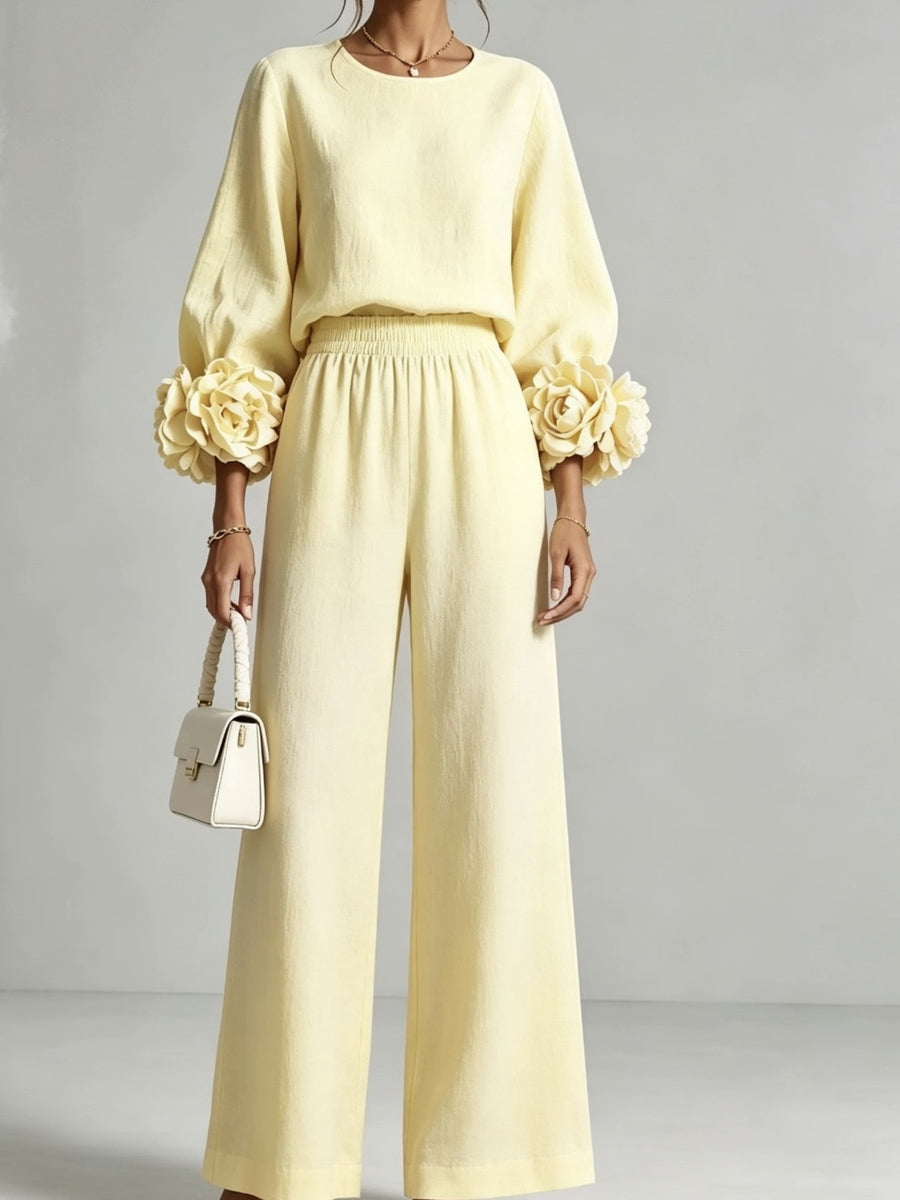 romantic two-piece set in Pastel Yellow with round neck