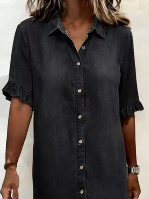 Blue shirt dress with ruffled hem and short sleeve