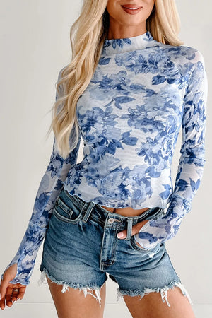 Floral Print Long Sleeve Mesh Top in Light Blue