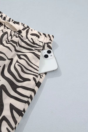 Multicolour Western Print Zebra Pattern Elastic Waist Pants in Mocha with drawstring