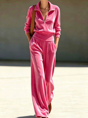 Black sweatshirt and wide-leg pants set with hip-length, full-length and quarter-zip, elastic