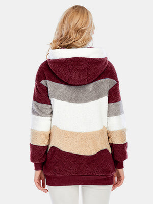Teddy fleece hoodie with colorblock stripes in burgundy, grey, white, tan, and burgundy.