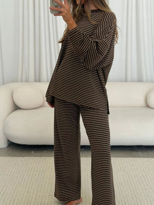 95% viscose, 5% elastane Care instructions: Machine wash cold lounge set in Coffee Brown with relaxed silhouette