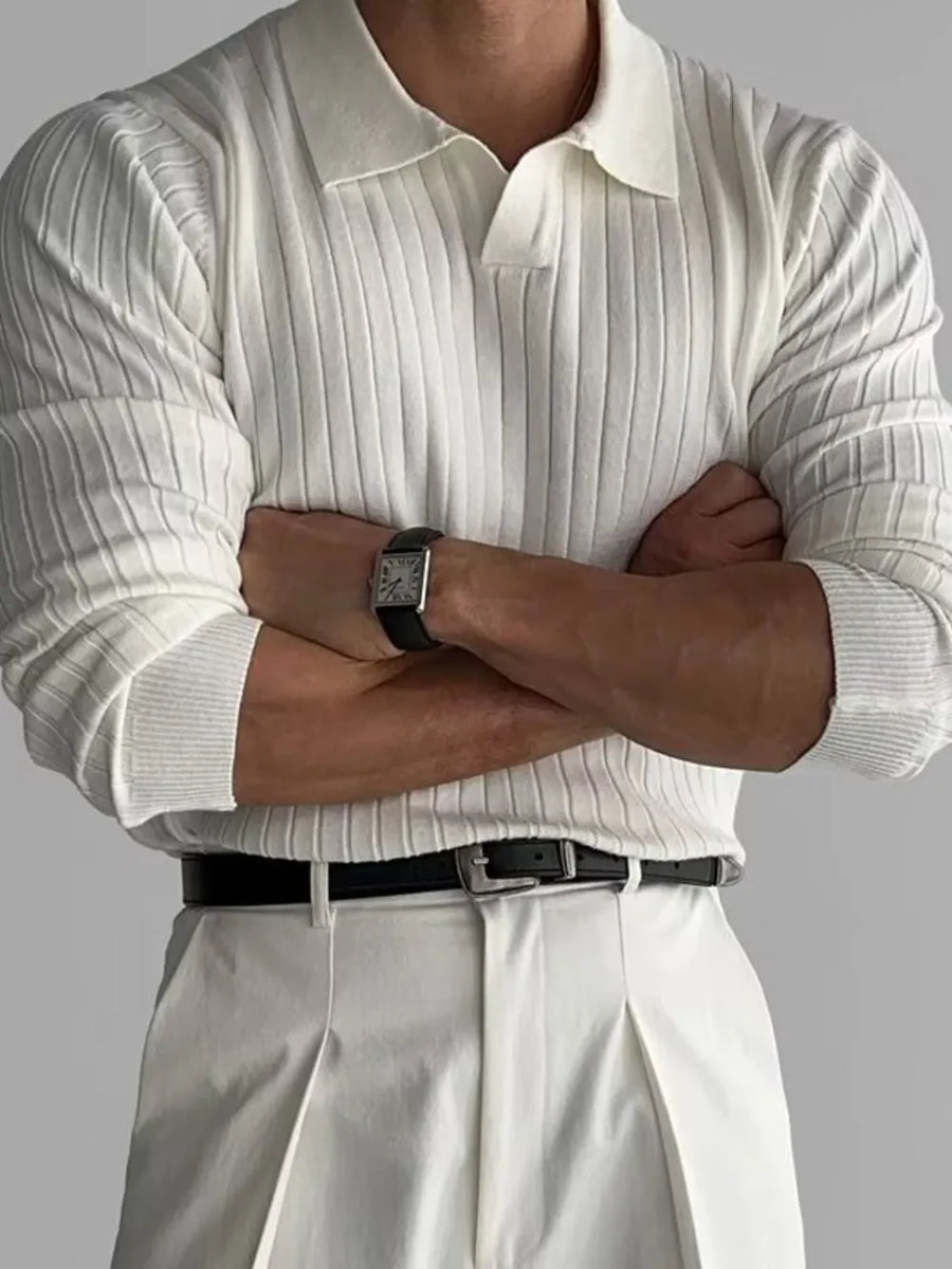 Ribbed knit polo shirt in ivory with a classic collar and long sleeves.