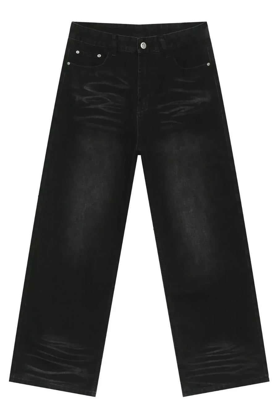 Faded black baggy denim trousers with a relaxed fit and visible whiskering details.
