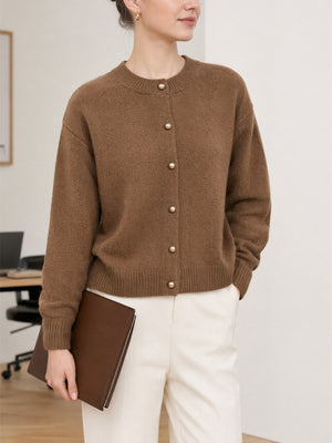 Classic Button-Down Knit Cardigan in Wine Red with buttoned