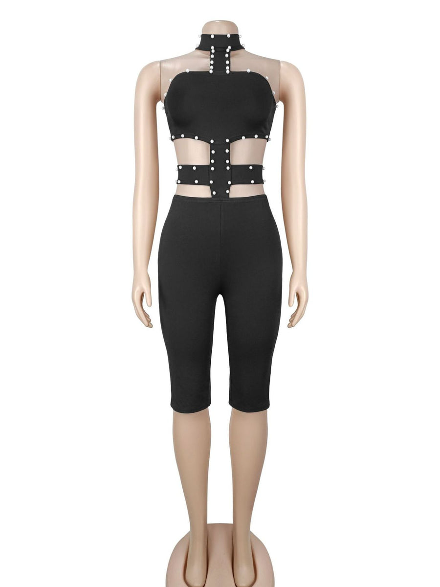 black romper with studded and sleeveless