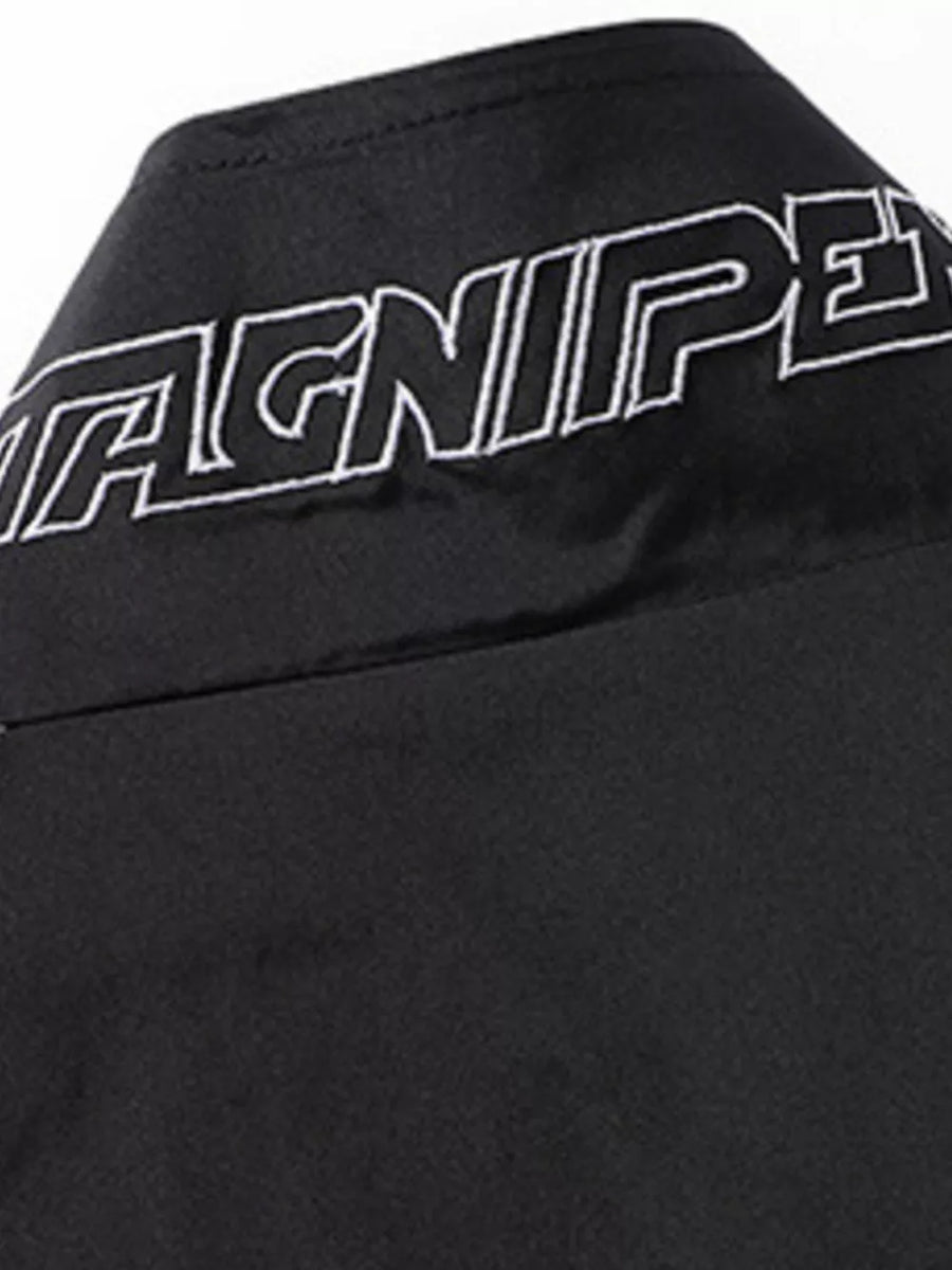 Black bomber jacket with white embroidered racing-inspired logo detail on collar.