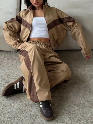 tan tracksuit set with color-block and collared