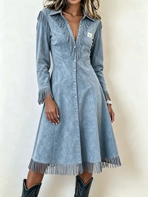 shirt dress in dusty blue featuring buttoned and A-line fit