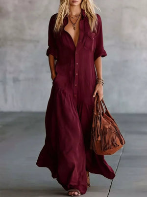 Light Blue Button Front Roll-up Sleeve Maxi Dress Plus Size