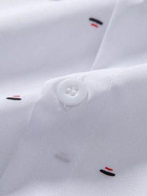 White button-up shirt with hip-length and button-front