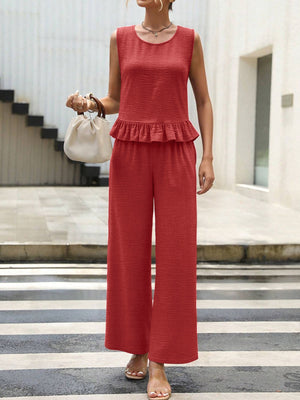 Red ruffled hem sleeveless top and wide-leg pants set
