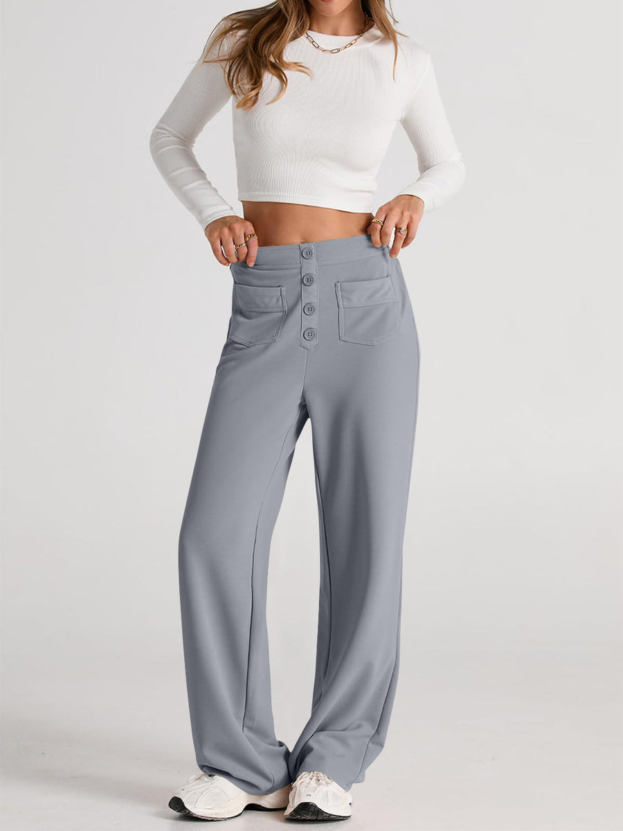 Gray button-front palazzo trousers with flap pockets and a wide leg.