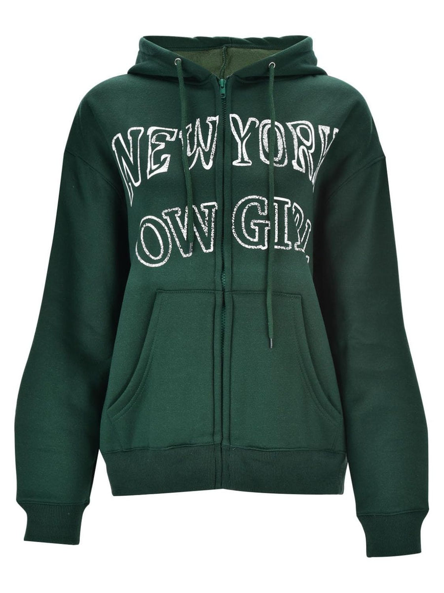 Dark green zip hoodie with white New York graphic, drawstring hood, and front pocket.